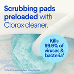 Close-up of a blue foaming scrubbing pad attached to a wand with text stating pads are preloaded with Clorox cleaner