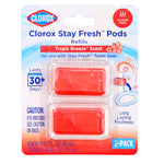 Blister pack of two rectangular red Clorox Stay Fresh Pods refills on Tropic Breeze branded backing card