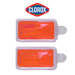 Two rectangular orange-red Clorox Stay Fresh Pods shown side by side with Clorox logo above
