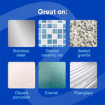 Graphic grid showing surfaces labeled 'Great on:' with samples for stainless steel, glazed tile, sealed granite, porcelain, enamel, fiberglass.