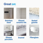 Grid of six photos showing surfaces labeled stainless steel, glazed ceramic tile, sealed granite, glazed porcelain, enamel, and fiberglass where product is great to use.
