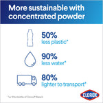 Sustainability infographic reading 'More sustainable with concentrated powder' with stats for less plastic, water, and lighter transport.
