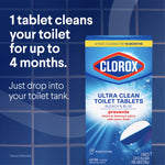 Promotional panel showing Clorox Ultra Clean Toilet Tablets box with claim about one tablet cleaning up to four months