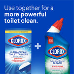 Graphic showing Clorox toilet tablet box alongside Clorox bleach bottle with text recommending combined use for more powerful clean