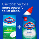 Pairing graphic showing Clorox Bleach toilet tablets box alongside Clorox toilet bowl cleaner bottle with text suggesting combined use