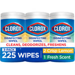 Three-pack of Clorox disinfecting wipes packaging showing brand logo and '225 wipes' callout.