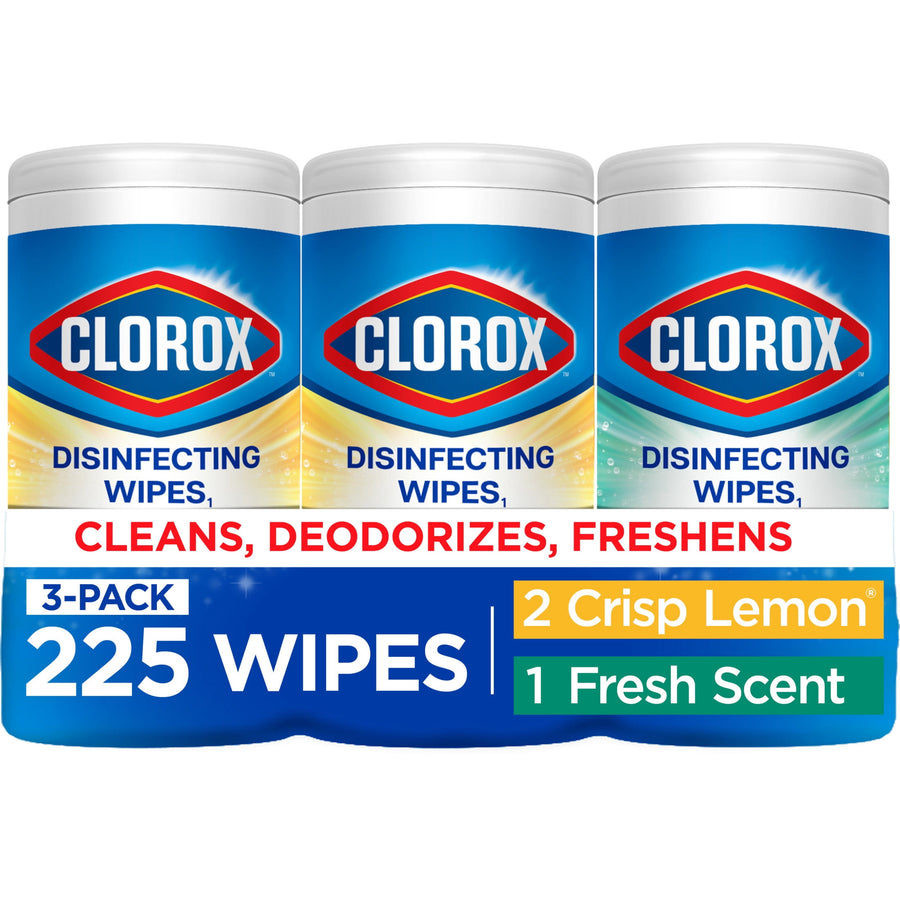 Three-pack of Clorox disinfecting wipes packaging showing brand logo and '225 wipes' callout.