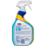 Rear view of a Clorox Tilex Daily Shower spray bottle showing product back label text and white trigger.