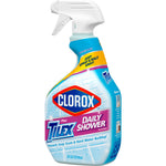 High-resolution front-of-bottle image of Clorox Tilex Daily Shower cleaner showing branding and callouts.