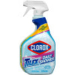 Slightly zoomed-out Clorox Tilex Daily Shower spray bottle showing label artwork and white trigger top.