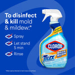Instructional graphic with a Clorox Tilex Mold & Mildew bottle and steps to spray, let stand five minutes, then rinse
