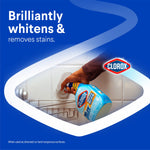 Graphic showing a hand spraying Clorox Tilex Mold & Mildew on bathroom tile with headline about whitening and stain removal