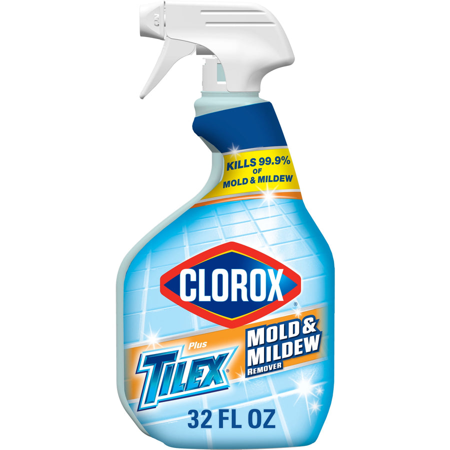 Front view of a Clorox Tilex Mold & Mildew spray bottle with blue label and 32 fl oz marking