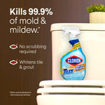 Marketing image showing Clorox Tilex Mold & Mildew bottle on a toilet tank with text highlighting kill rate and benefits