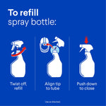 Refill instructions graphic for a spray bottle showing twist off, align tip to tube, and push down to close