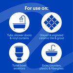 Blue infographic listing intended uses for Clorox Tilex Mold & Mildew with icons for tubs, tile, toilets, and sinks