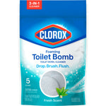 Clorox Foaming Toilet Bomb pouch front with clear window showing round tablet and 'Drop. Brush. Flush.' tagline