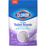Clorox Foaming Toilet Bomb lavender pouch front with Clorox logo, tablet window and 'Drop. Brush. Flush.' copy.