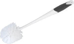 Long white toilet brush with round white bristle head and a gray textured grip near the handle end
