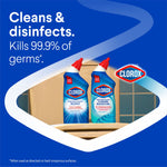 Graphic showing Clorox logo with two toilet cleaner bottles in a tiled bathroom and text about killing 99.9% of germs
