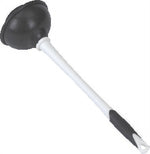 White-handled toilet plunger with a black rubber cup and gray grip on the handle