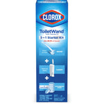 Front panel of Clorox ToiletWand 3-in-1 Starter Kit product box with branding and icons