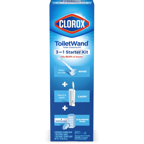 Front panel of Clorox ToiletWand 3-in-1 Starter Kit product box with branding and icons