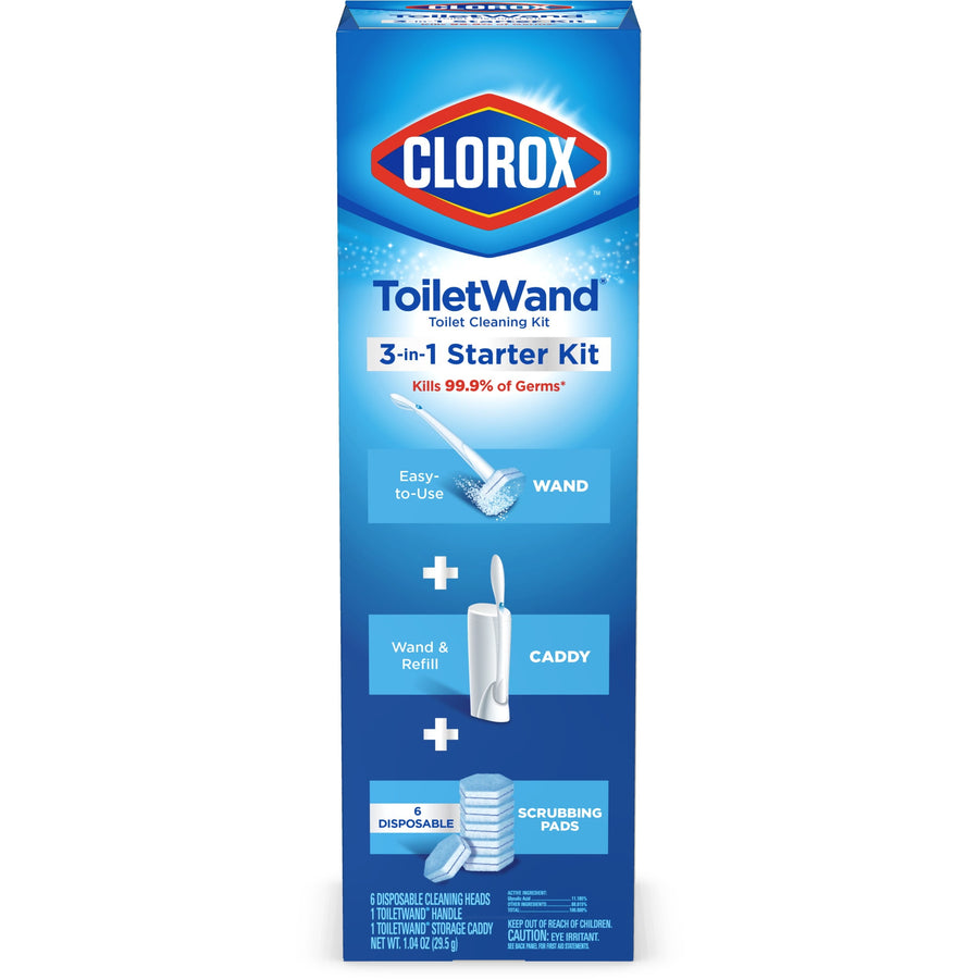 Front panel of Clorox ToiletWand 3-in-1 Starter Kit product box with branding and icons