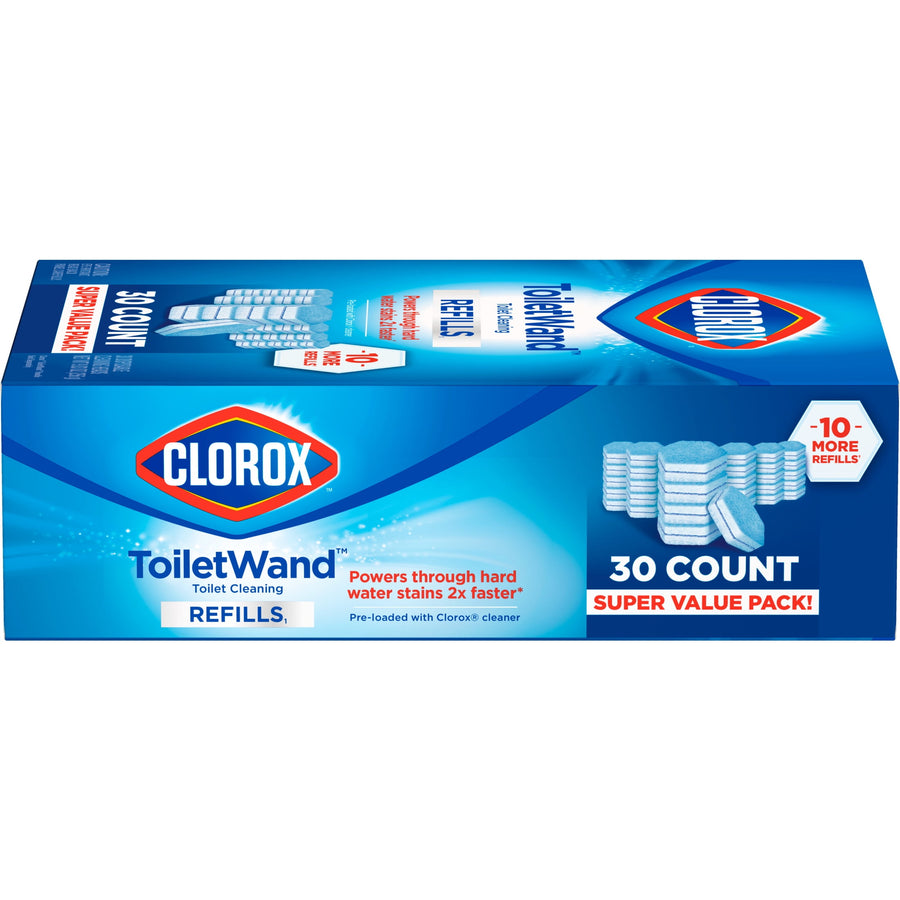 Horizontal view of Clorox ToiletWand 30-count refill box showing product branding and count callout