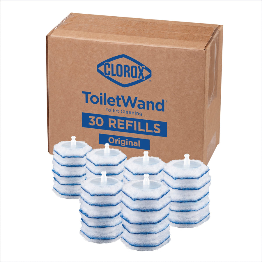 Stacked hexagonal blue-and-white Clorox ToiletWand refill pads arranged in front of a brown box labeled 30 refills