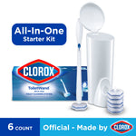 Clorox ToiletWand all-in-one starter kit visual with wand, open holder, box and stacked refill pads plus branding and feature badge.