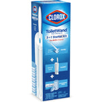 Angled front view of Clorox ToiletWand 3-in-1 Starter Kit box with wand, caddy and refill graphics