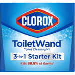 Close-up graphic of Clorox ToiletWand packaging showing brand logo and '3-in-1 Starter Kit' text