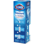 Perspective view of Clorox ToiletWand packaging highlighting wand, caddy and disposable scrubbing pads
