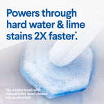ToiletWand pad scrubbing a bowl surface with blue foam and headline that it powers through hard water and lime stains 2X faster