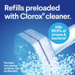 Close-up illustration of a blue-and-white ToiletWand refill pad with text saying refills preloaded with Clorox cleaner and a circular claim badge