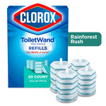 Clorox ToiletWand refills box beside stacked blue-and-white round scrubbing pads