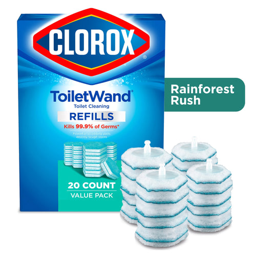 Clorox ToiletWand refills box beside stacked blue-and-white round scrubbing pads
