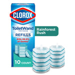 Clorox ToiletWand refills box with stacked blue-green hexagonal scrubbing pads and Rainforest Rush label