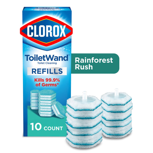 Clorox ToiletWand refills box with stacked blue-green hexagonal scrubbing pads and Rainforest Rush label