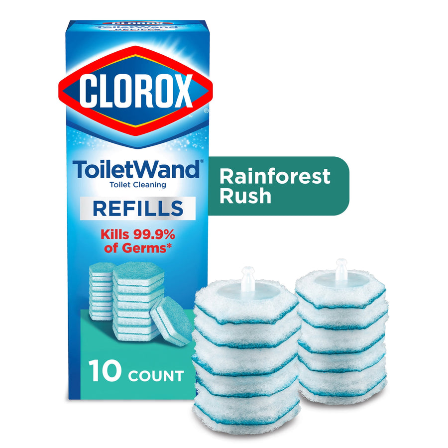 Clorox ToiletWand refills box with stacked blue-green hexagonal scrubbing pads and Rainforest Rush label