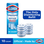 Clorox ToiletWand refill box with stacked blue-and-white scrubbing pads and callout reading “The Only Disinfecting Refill.”