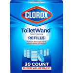 Front-facing Clorox ToiletWand refills box with product branding and an image of stacked refill pads on a blue gradient background.