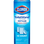 Front-facing Clorox ToiletWand refills retail box showing brand logo, product name and image of blue scrubbing pads.
