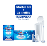 Clorox ToiletWand starter kit and refill box displayed with wand, holder, and stacked disposable cleaning pads on white background.