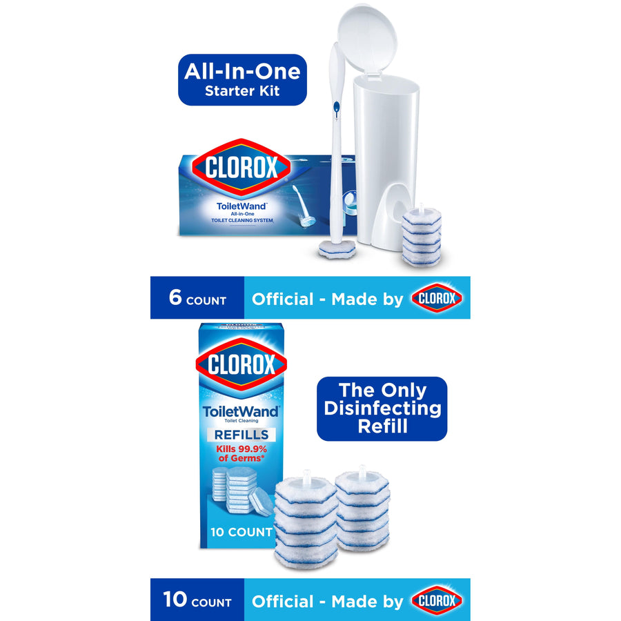 clorox toiletwand starter kit with caddy and wand next to a 10-count refills pack and stacked scrubbing heads