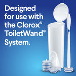 Clorox ToiletWand system shown with white wand and closed storage caddy alongside a few refill pads and text about designed use