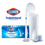 Clorox ToiletWand cleaning kit showing the wand, open holder, starter kit box and a stack of replacement pads on a white background.