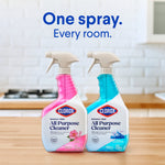 Two Clorox Bleach-Free All Purpose Cleaner bottles, pink Spring Garden and blue scent, with text 'One spray. Every room.'