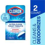 Front-facing Clorox Ultra Clean toilet tablets package with Rain Clean badge and 2 count label